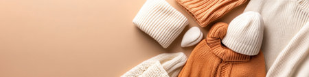A collection of cozy knitwear items including cardigans beanies and mittens arranged neatly on a soft beige backdrop. Perfect for chilly days this display invites warmth and comfort.の素材