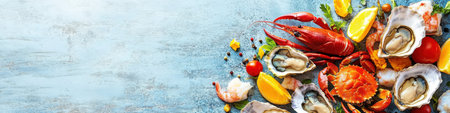 This vibrant arrangement showcases fresh seafood including oysters scallops and crab legs on a textured deep blue background. There is ample space above for additional text or branding.の素材
