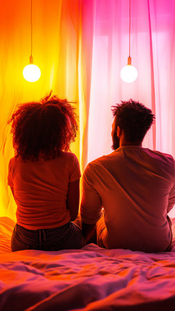 A couple sits on a bed with their backs towards the viewer basking in warm light from colorful curtains. The cozy setting evokes a sense of intimacy and connection between them.の素材