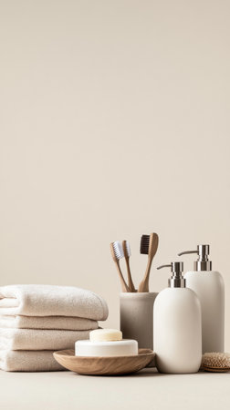 Various bathroom essentials are neatly arranged on the left against a neutral beige background.の素材