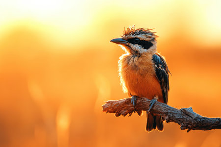 A bird sits calmly on a dry branch in a sun drenched arid landscape. The warm golden tones of the scene create a tranquil atmosphere highlighting the beauty of nature during golden hour.の素材