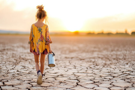 A young woman strolls across a cracked dried up lakebed with an empty water jug in hand. The warm light of sunset casts a glow over the parched earth creating a striking scene.の素材