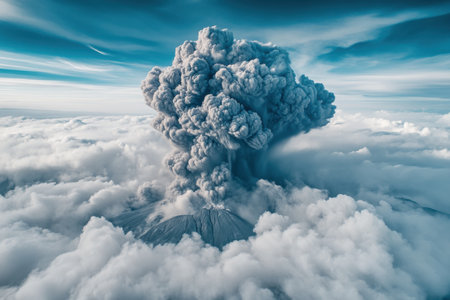 Powerful volcanic eruption generates thick ash clouds that rise dramatically into the sky altering the landscape below. The natural textures and lighting create a striking display of natures force.の素材