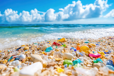 Bright natural light illuminates a scenic beach where multicolored microplastics mix with soft sand. Waves gently lap at the shore creating a striking contrast in this coastal landscape.の素材
