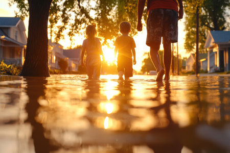 A family wades through knee deep water while evacuating from their flooded home during sunset. Bright reflections on the water enhance the urgency of their situation as they seek safety.の素材