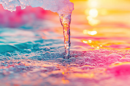 Bright natural light illuminates the textures of melting glacier ice with droplets cascading into the ocean creating a mesmerizing display of water and bubbles.の素材