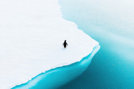 A single penguin stands on a stark ice sheet surrounded by vast open water. The scene captures a sense of solitude and tranquility with clear bright tones illuminating the environment.の素材