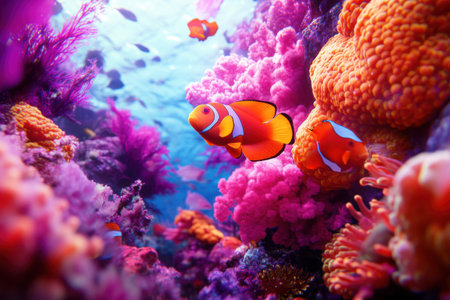 Underwater scene showcases a rich ecosystem with clownfish swimming among vibrant corals. Bright colors and clear water enhance the beauty of this thriving marine habitat.の素材