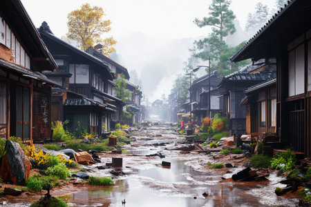 Residents survey the remains of homes after a landslide ravaged the village. Muddy streets and debris indicate the scale of destruction while greenery hints at natures resilience.の素材
