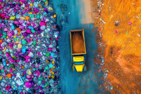 An extensive landfill is seen from above showcasing a vibrant array of multicolored waste piled high. A yellow dump truck navigates the path adding to the siteの素材