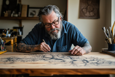 A middle aged man focuses on detailed woodburning art in a bright studio filled with artistic tools. His beard and tattoos reflect his artistic passion as he brings his design to life.の素材
