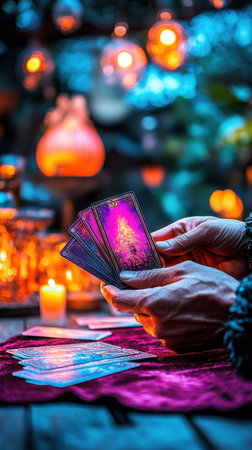Close up of hands shuffling tarot cards on a velvet cloth with candlelight in backgroundの素材