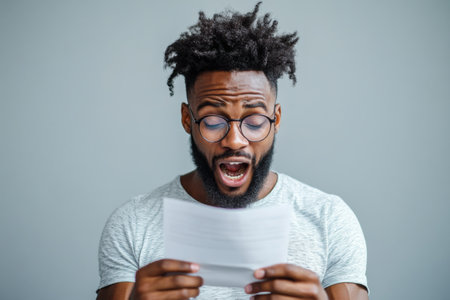 A young man experiences overwhelming joy as he opens a letter revealing his acceptance to a prestigious university. His expression captures pure excitement and disbelief against a neutral background.の素材