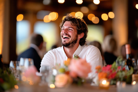 In a warmly lit reception hall a young man laughs nervously as he delivers a wedding speech. His cheerful demeanor contrasts with the anxiety of public speaking amidst the joyous atmosphere.の素材