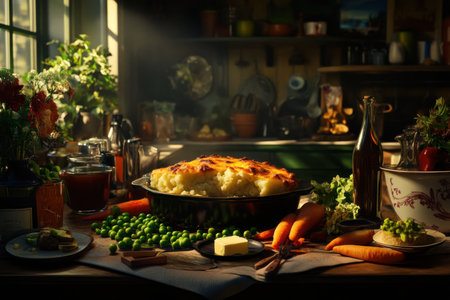 Savor a warm shepherds pie at the center surrounded by fresh ground meat diced carrots peas creamy mashed potatoes and butter all set in a rustic kitchen bathed in soft light.の素材