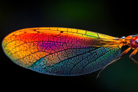 Close up view showcases the intricate details of an insects wing featuring translucent patterns and a stunning gradient of colors. The composition highlights the beauty found in natures design.の素材