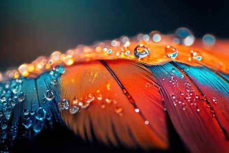 Dew drops cling to a colorful bird feather displaying intricate details and brilliant hues. The close up reveals the beauty of nature in early morning light emphasizing texture and reflections.の素材