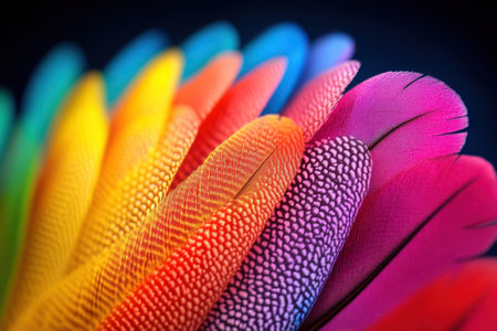 A close up view reveals the stunning microstructure of colorful feathers highlighting intricate barbs and vivid colors. Light enhances the natural beauty and detail of this unique natural pattern.の素材