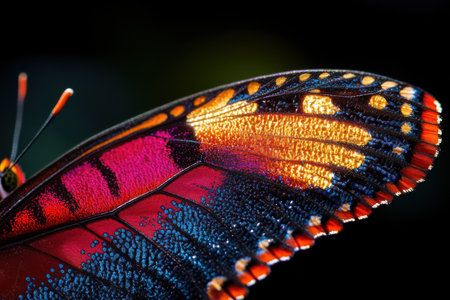 Bright and colorful butterfly wing showcases delicate scales with intricate patterns and textures. This macro view highlights the stunning detail and rich hues of natures artistry.の素材