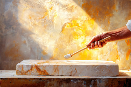 An artists hand grips a chisel poised to carve into a flawless block of marble. Warm light pours in through a window illuminating the workspace and enhancing the natural beauty of the stone.の素材