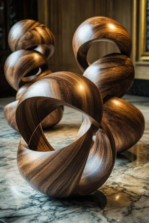 Smooth wooden geometric sculptures feature organic curves arranged symmetrically on a warm mocha toned surface enhancing a calming atmosphere with their minimalist design.の素材