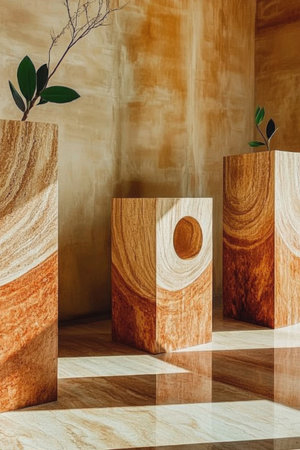 Curved geometric forms with muted sand and stone tones stand illuminated against a smooth background. The serene composition conveys tranquility and a modern aesthetic inviting reflection.の素材