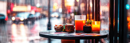 A table adorned with tarot cards flickering candles and a warm cup of tea sits beside a window revealing a rainy street outside creating an inviting and tranquil atmosphere.の素材