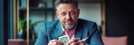 A middle aged man with a beard and suit looks thoughtfully at a tarot card in his hand while seated in a contemporary office. The backdrop is neutral providing ample space for text.の素材