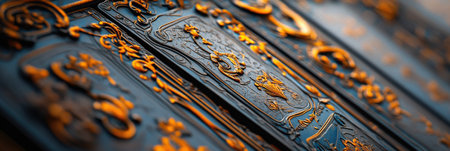 Close up view of an elaborate tarot box with cards partially visible. The intricate design features vibrant details that highlight craftsmanship. Set against a softly blurred background.の素材