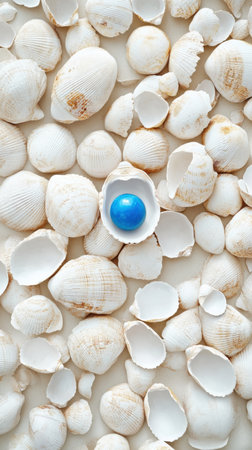A vibrant blue gemstone stands out among countless white seashells scattered across a sandy beach illuminated by warm sunlight creating a striking visual contrast.の素材
