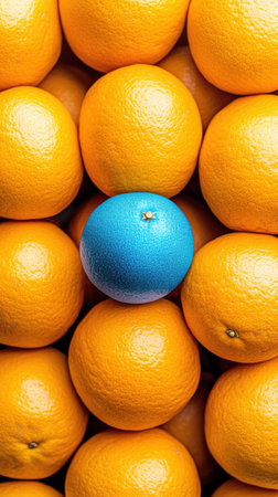 A vibrant basket contains numerous identical oranges emphasizing the striking presence of a single blue fruit at the center. This unusual display captivates with its vivid colors.の素材