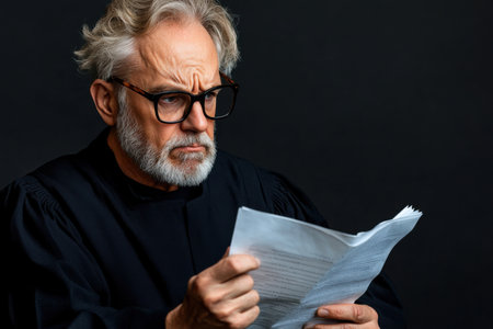 A male judge in glasses studies a case file with a serious expression. His focus indicates the importance of the document he is reviewing. The court atmosphere suggests a critical legal moment.の素材