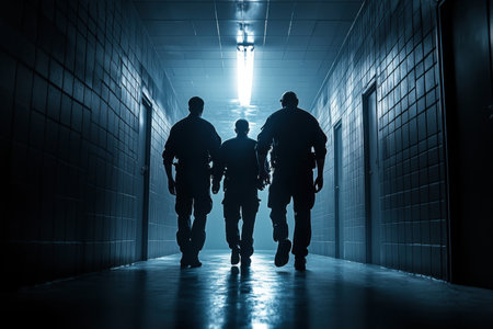 Two guards lead a prisoner down a narrow corridor illuminated by a single overhead light. The oppressive gray walls emphasize the somber atmosphere of the setting.の素材