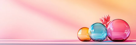 Frosted glass geometric forms in various colors sit elegantly against a soft pastel background. Subtle shadows enhance the shapes creating a harmonious visual experience with creative potential.の素材