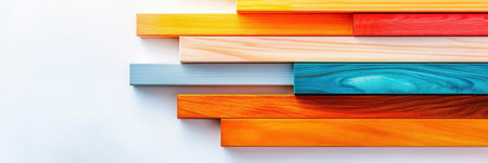 A collection of stacked wooden geometric shapes in vibrant primary colors is arranged on a light gray background.の素材