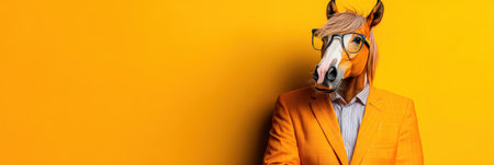 A horse wearing a business suit stands confidently next to a whiteboard displaying charts as if delivering a professional presentation in an office setting.の素材