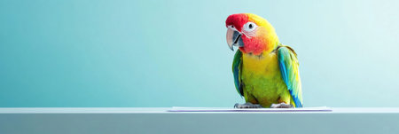 A colorful parrot perched on a desk is using its beak to sign a contract. The solid background enhances the vivid colors of the bird.の素材