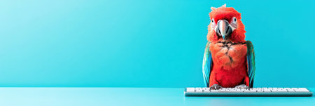 A vibrant parrot sits at a sleek desk using its beak to tap on a keyboard as if replying to emails. The bright blue background enhances the lively atmosphere of the workspace.の素材