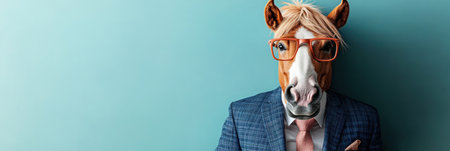 A horse dressed in a business suit and glasses stands confidently next to a whiteboard covered with various charts.の素材