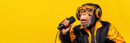 In a vibrant setting a chimpanzee sports large headphones and stylish glasses animatedly engaging with a professional microphone. The cheerful atmosphere suggests a lively podcast recording.の素材