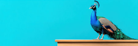 A vibrant peacock stands confidently at a podium engaging an audience with a captivating speech. The brightly colored bird displays its stunning feathers against a clean backdrop.の素材