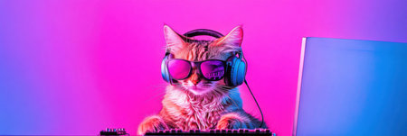A cat sits at a desk wearing headphones and focused on editing audio on a computer. The bright backdrop enhances the creative atmosphere of this unique workspace.の素材