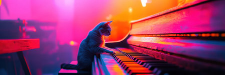 In a vibrant and colorful environment a cat sits at a piano gently pressing the keys as it engages in an enchanting musical experience.の素材