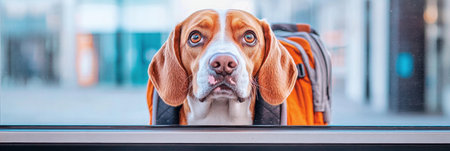A beagle stands at a bus stop its bright backpack fastened tight eagerly waiting for public transport. The vibrant backdrop suggests a sunny day in an urban environment.の素材