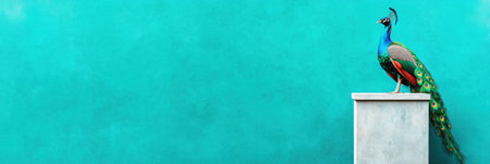 A peacock confidently presents at a podium addressing an attentive audience. The vivid backdrop enhances the lively atmosphere. The scene captures the uniqueness of this remarkable speech.の素材