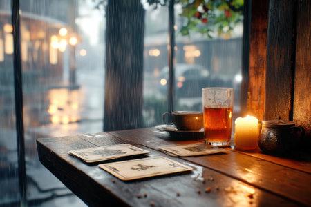 Tarot cards lie on a table next to a warm cup of tea and flickering candles with a view of a rainy street outside. The atmosphere invites relaxation and introspection in a cozy setting.の素材