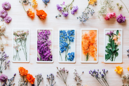 Tarot cards featuring beautiful floral illustrations are arranged on a light wood table alongside vibrant flowers.の素材