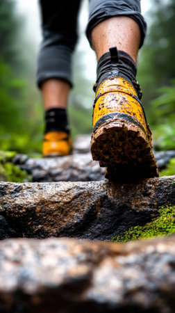 Hikers with muddy boots climb a steep rocky staircase surrounded by lush greenery. This bright setting highlights the adventurous spirit of outdoor exploration on a challenging trail.の素材