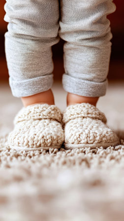 Chubby little feet are standing on a plush carpet adorned in soft comfortable slippers. The warm atmosphere of the cozy home adds to the charming scene creating a delightful view.の素材