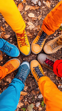 A vibrant gathering of friends stands in a circle on a hiking trail their colorful footwear contrasting with the earthy ground embodying unity and the spirit of adventure in nature.の素材